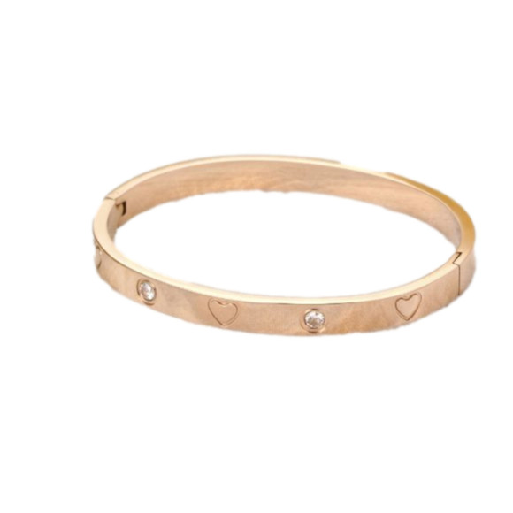 💙 Rose Gold Plated Stainless Steel Bangle with Cubic Zirconia & Engraved Hearts - Picture 2 of 5